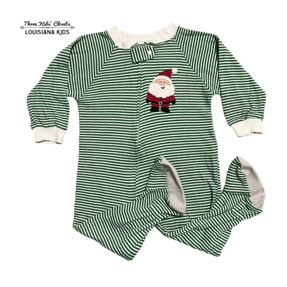 Sara's Prints by Widgeon Kids 18m Green Striped Santa Appliqué Pajamas - Picture 1 of 6